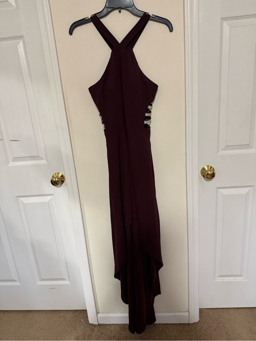 Speechless Burgundy High-Low Halter Evening Dress with Side Accents